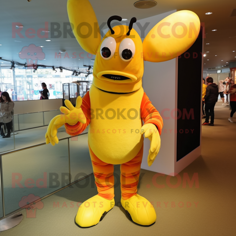 Yellow Lobster mascot costume character dressed with a Bodysuit and Shoe clips Yellow Lobster mascot costume character dressed with a Bodysuit and Shoe clips
