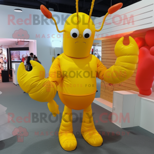 Yellow Lobster mascot costume character dressed with a Bodysuit and Shoe clips