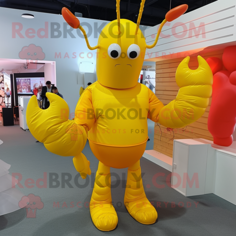 Yellow Lobster mascot costume character dressed with a Bodysuit and Shoe clips Yellow Lobster mascot costume character dressed with a Bodysuit and Shoe clips
