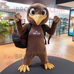 Brown Haast'S Eagle mascot costume character dressed with a Yoga Pants and Backpacks