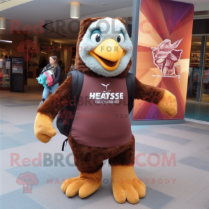 Brown Haast'S Eagle mascot costume character dressed with a Yoga Pants and Backpacks