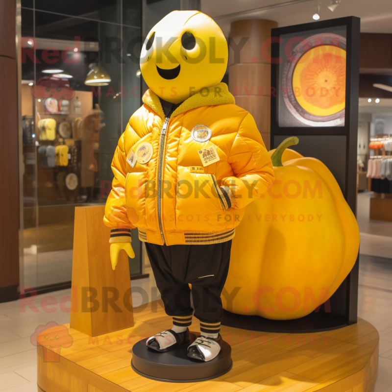 Lemon Yellow Pumpkin mascot costume character dressed with a Bomber Jacket and Lapel pins