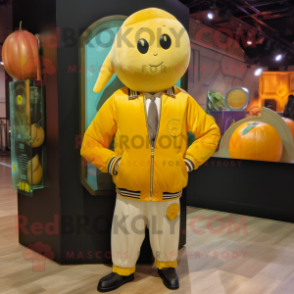 Lemon Yellow Pumpkin mascot costume character dressed with a Bomber Jacket and Lapel pins