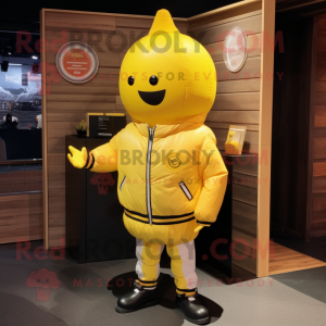 Lemon Yellow Pumpkin mascot costume character dressed with a Bomber Jacket and Lapel pins