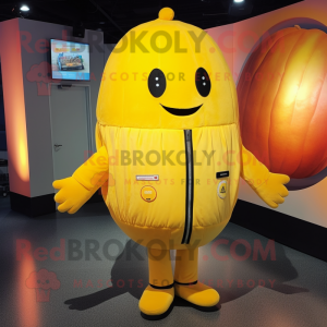 Lemon Yellow Pumpkin mascot costume character dressed with a Bomber Jacket and Lapel pins