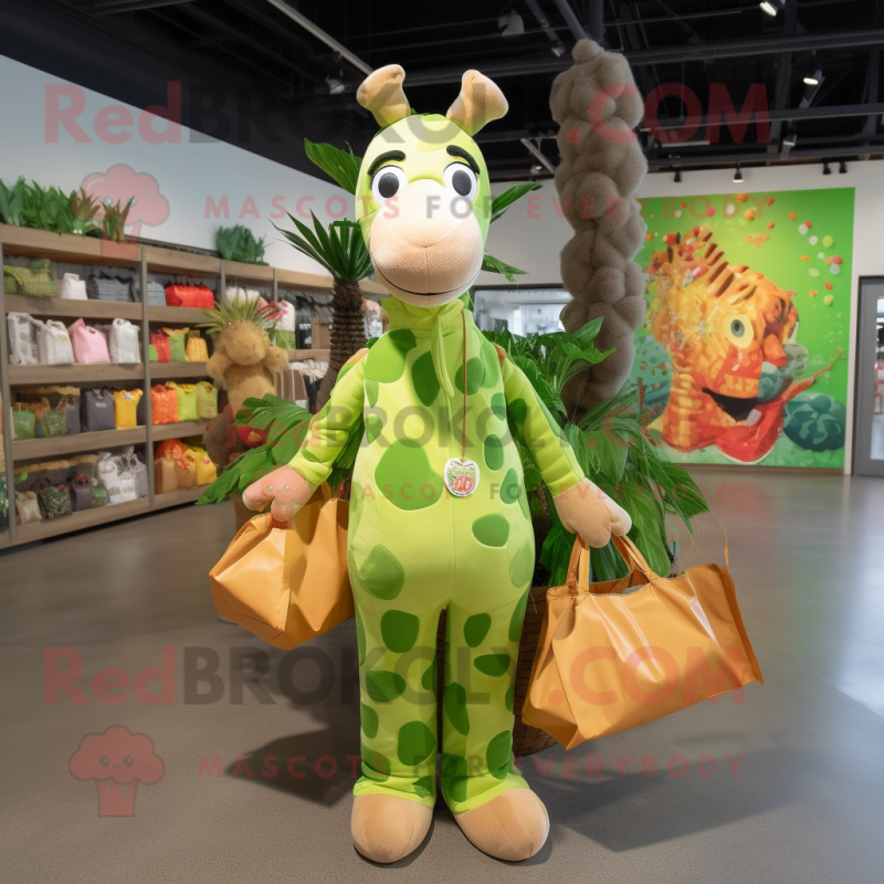 Olive Giraffe mascot costume character dressed with a Jumpsuit and Tote bags