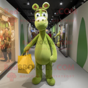 Olive Giraffe mascot costume character dressed with a Jumpsuit and Tote bags