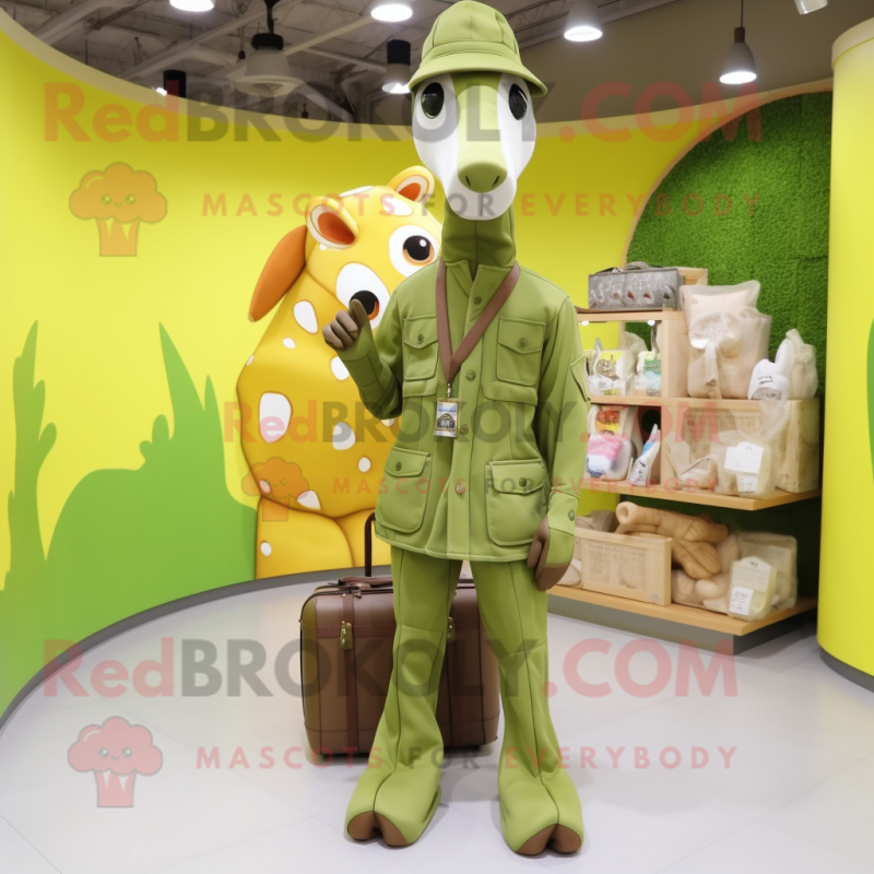 Olive Giraffe mascot costume character dressed with a Jumpsuit and Tote bags Olive Giraffe mascot costume character dressed with a Jumpsuit and Tote bags
