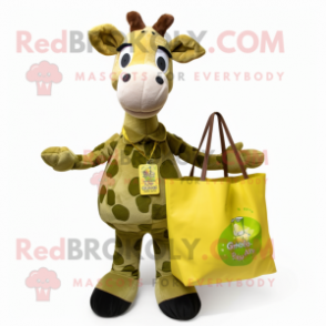 Olive Giraffe mascot costume character dressed with a Jumpsuit and Tote bags