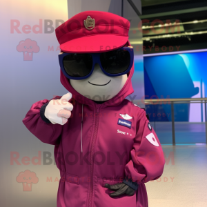 Magenta Navy Soldier mascot costume character dressed with a Hoodie and Sunglasses