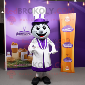 Lavender Biryani mascot costume character dressed with a Tuxedo and Belts