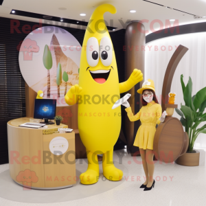 Yellow Banana mascot costume character dressed with a Pencil Skirt and Watches