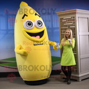 Yellow Banana mascot costume character dressed with a Pencil Skirt and Watches