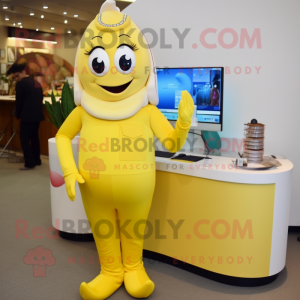 Yellow Banana mascot costume character dressed with a Pencil Skirt and Watches