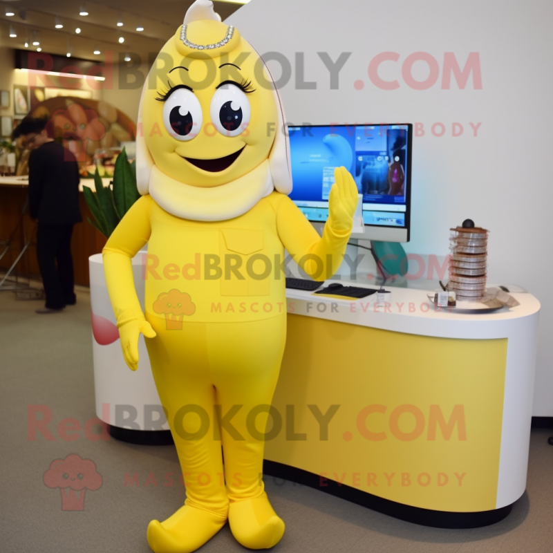 Yellow Banana mascot costume character dressed with a Pencil Skirt and Watches Yellow Banana mascot costume character dressed with a Pencil Skirt and Watches