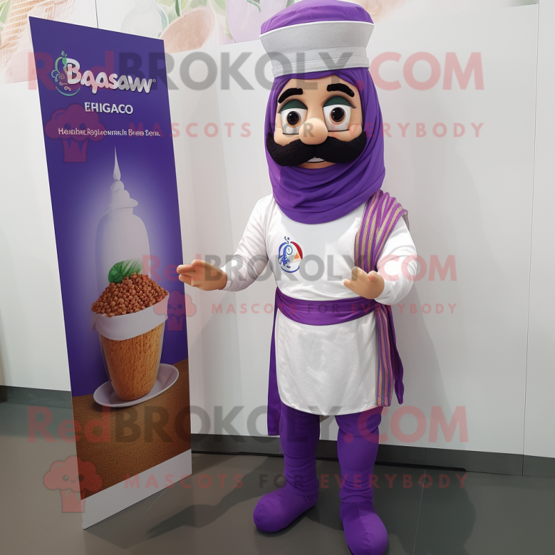 Lavender Biryani mascot costume character dressed with a Polo Tee and Wraps Lavender Biryani mascot costume character dressed with a Polo Tee and Wraps