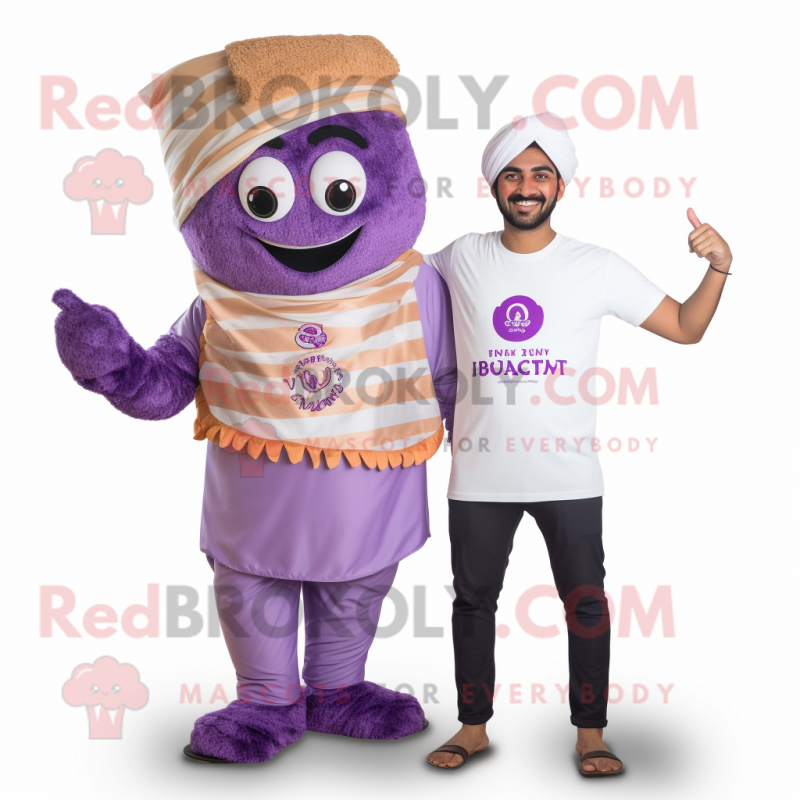 Lavender Biryani mascot costume character dressed with a Polo Tee and Wraps Lavender Biryani mascot costume character dressed with a Polo Tee and Wraps