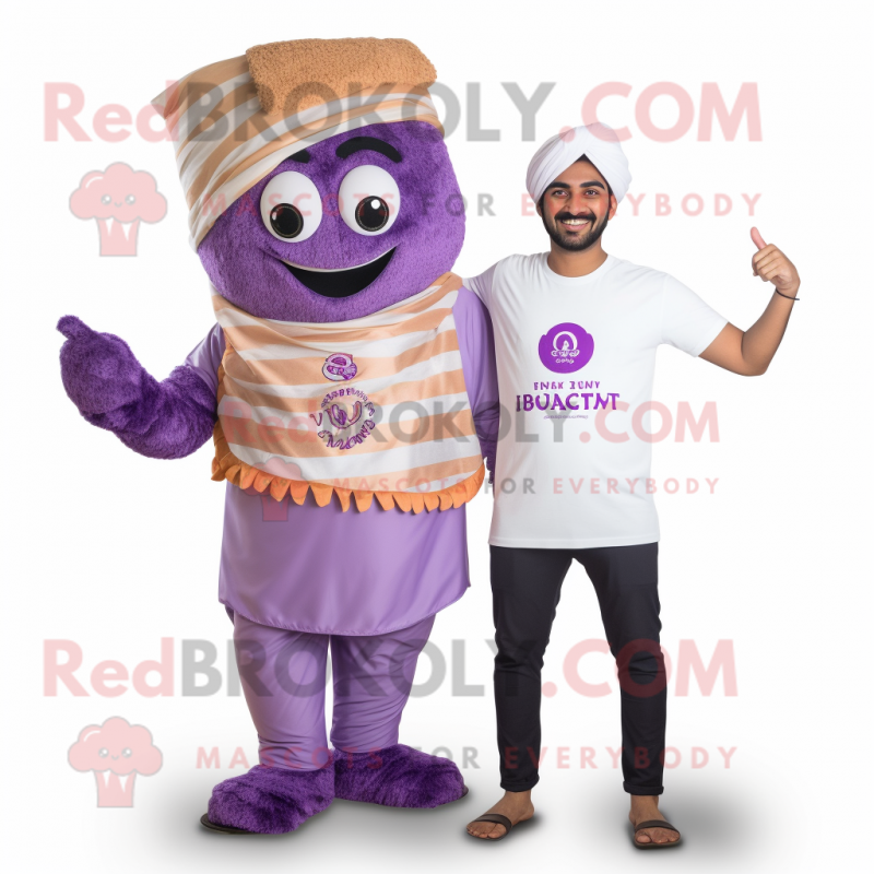 Lavender Biryani mascot costume character dressed with a Polo Tee and Wraps