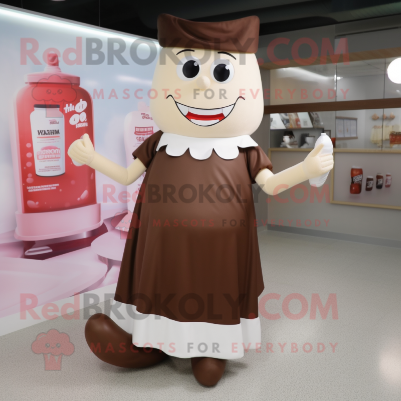 Brown Bottle Of Milk mascot costume character dressed with a A-Line Skirt and Anklets Brown Bottle Of Milk mascot costume character dressed with a A-Line Skirt and Anklets