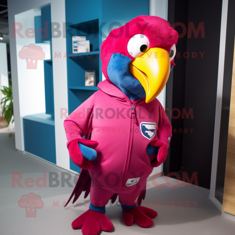 Magenta Macaw mascot costume character dressed with a Sweatshirt and Pocket squares