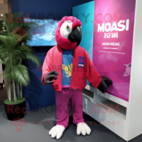 Magenta Macaw mascot costume character dressed with a Sweatshirt and Pocket squares