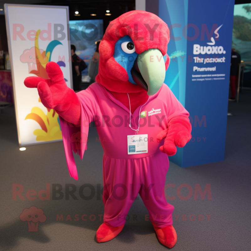 Magenta Macaw mascot costume character dressed with a Sweatshirt and Pocket squares Magenta Macaw mascot costume character dressed with a Sweatshirt and Pocket squares
