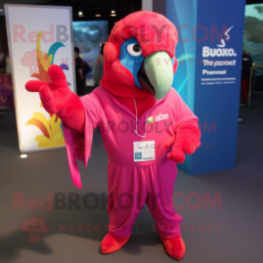 Magenta Macaw mascot costume character dressed with a Sweatshirt and Pocket squares