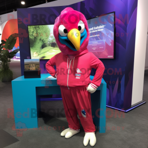 Magenta Macaw mascot costume character dressed with a Sweatshirt and Pocket squares