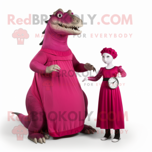 Magenta Iguanodon mascot costume character dressed with a Empire Waist Dress and Watches