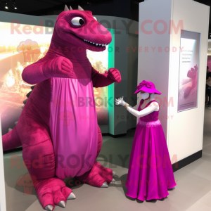 Magenta Iguanodon mascot costume character dressed with a Empire Waist Dress and Watches