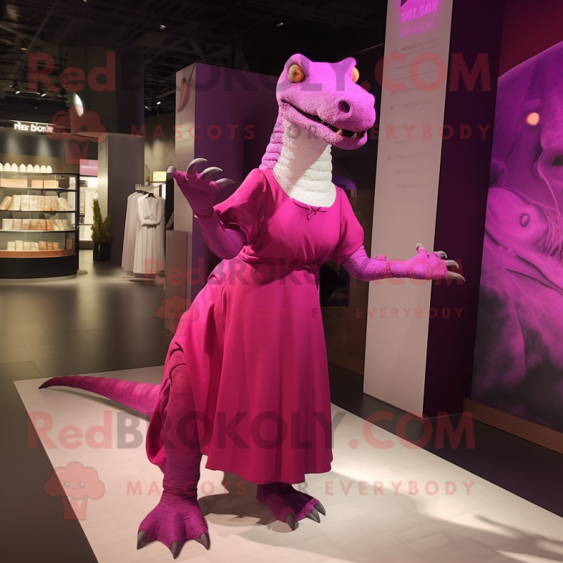 Magenta Iguanodon mascot costume character dressed with a Empire Waist Dress and Watches