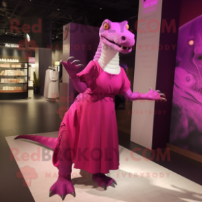 Magenta Iguanodon mascot costume character dressed with a Empire Waist Dress and Watches