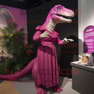 Magenta Iguanodon mascot costume character dressed with a Empire Waist Dress and Watches