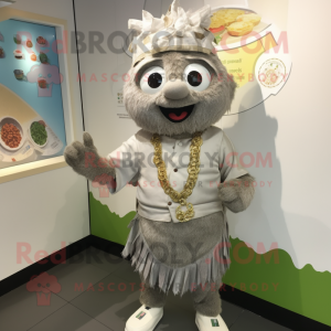 Silver Falafel mascot costume character dressed with a Chinos and Necklaces