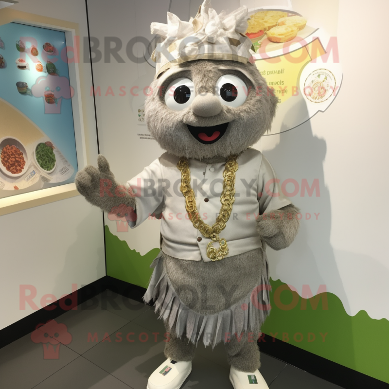 Silver Falafel mascot costume character dressed with a Chinos and Necklaces Silver Falafel mascot costume character dressed with a Chinos and Necklaces