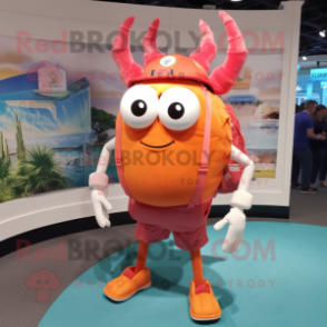 Peach Crab Cakes mascot costume character dressed with a Bermuda Shorts and Backpacks