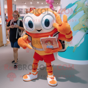 Peach Crab Cakes mascot costume character dressed with a Bermuda Shorts and Backpacks