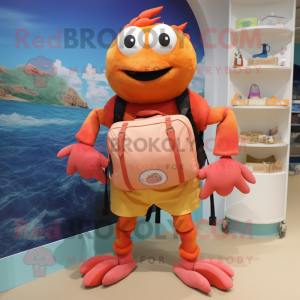 Peach Crab Cakes mascot costume character dressed with a Bermuda Shorts and Backpacks