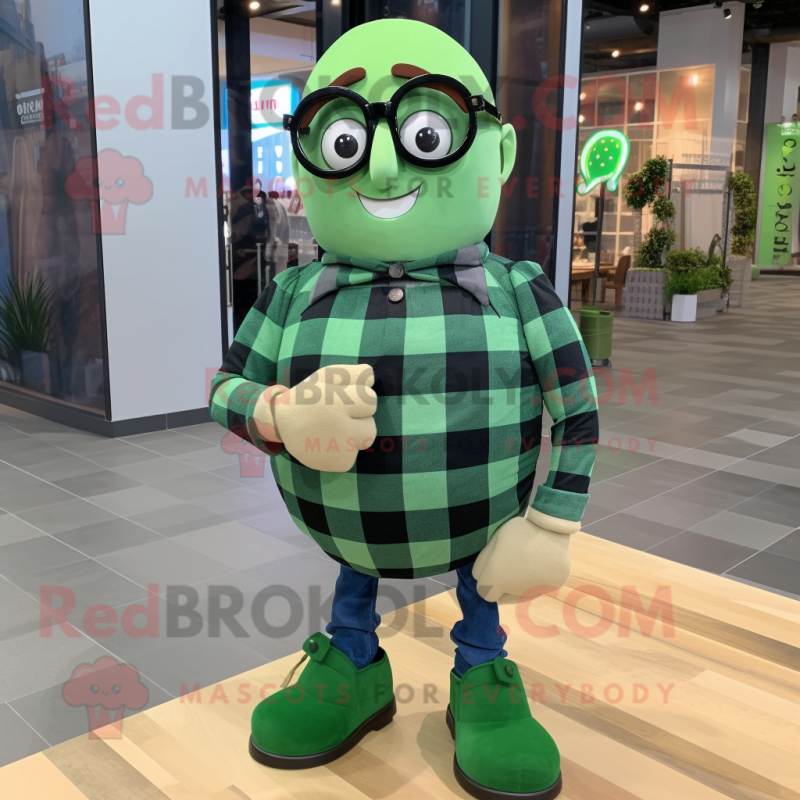 Green Grenade mascot costume character dressed with a Flannel Shirt and Eyeglasses