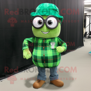 Green Grenade mascot costume character dressed with a Flannel Shirt and Eyeglasses