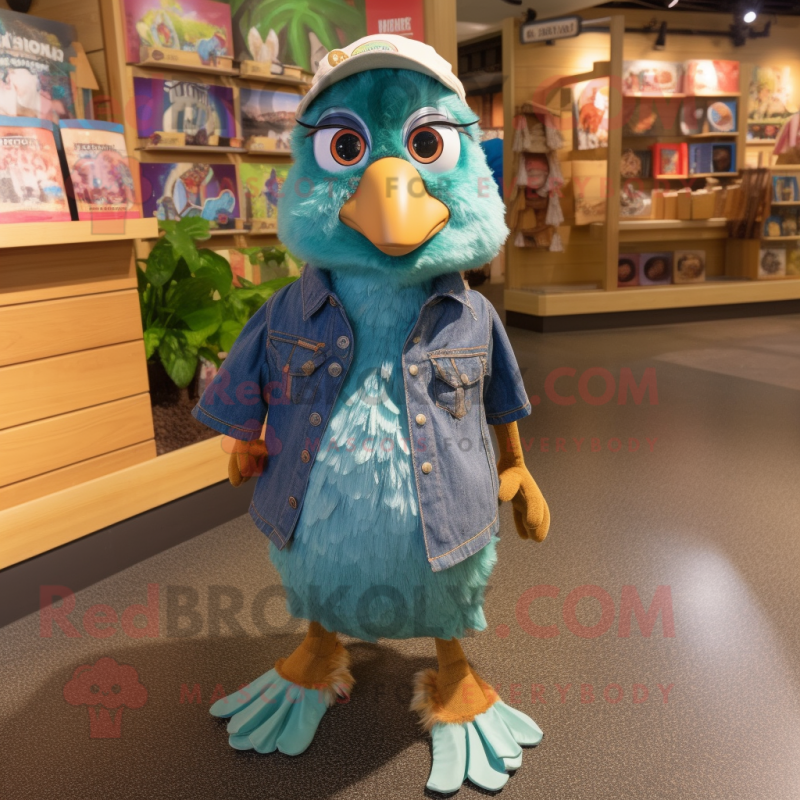 Teal Quail mascot costume character dressed with a Denim Shorts and Anklets