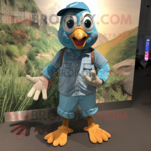 Teal Quail mascot costume character dressed with a Denim Shorts and Anklets