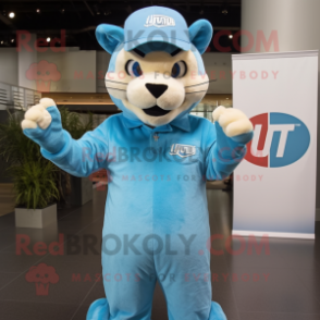 Cyan Puma mascot costume character dressed with a Mom Jeans and Hat pins