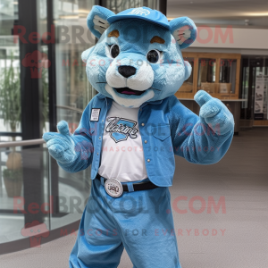 Cyan Puma mascot costume character dressed with a Mom Jeans and Hat pins