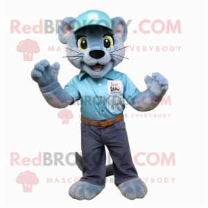 Cyan Puma mascot costume character dressed with a Mom Jeans and Hat pins