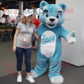 Cyan Puma mascot costume character dressed with a Mom Jeans and Hat pins