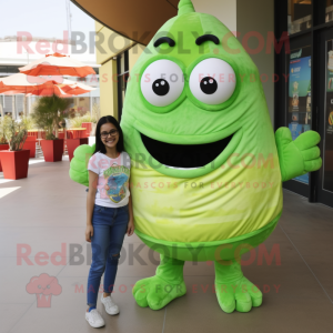 Lime Green Ice Cream mascot costume character dressed with a Mom Jeans and Backpacks