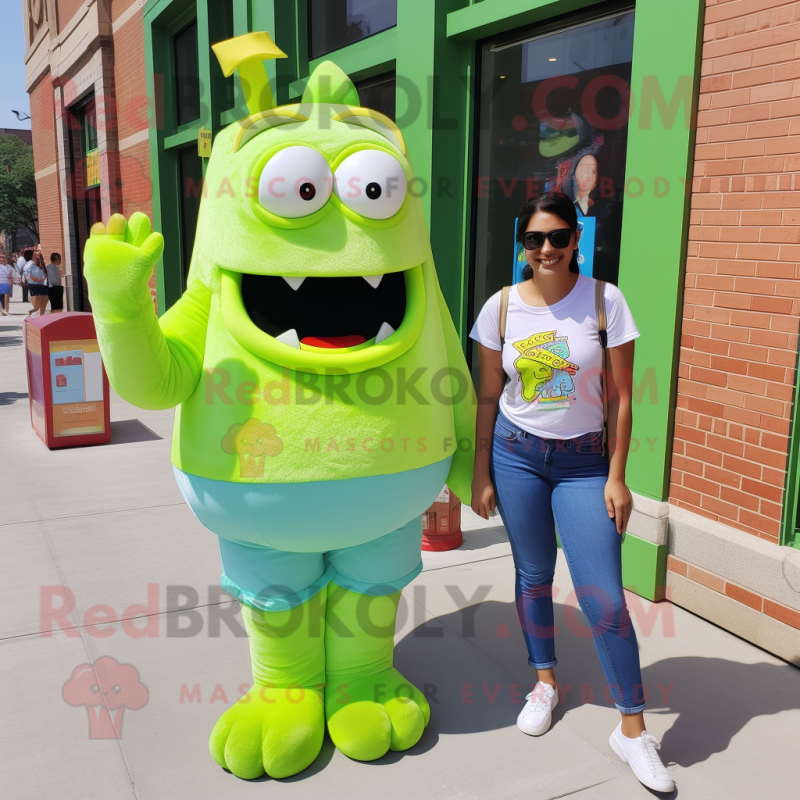 Lime Green Ice Cream mascot costume character dressed with a Mom Jeans and Backpacks Lime Green Ice Cream mascot costume character dressed with a Mom Jeans and Backpacks
