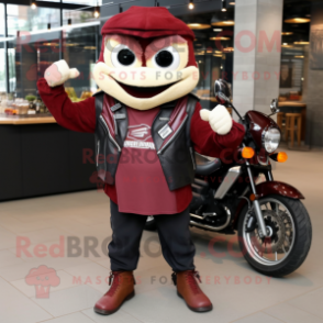 Maroon Lasagna mascot costume character dressed with a Biker Jacket and Hairpins