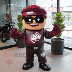 Maroon Lasagna mascot costume character dressed with a Biker Jacket and Hairpins